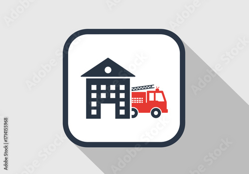 A fire station icon showcasing a fire truck beside a building within a rounded square frame