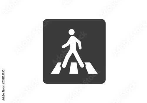 A gray sign shows a white figure walking on a crosswalk