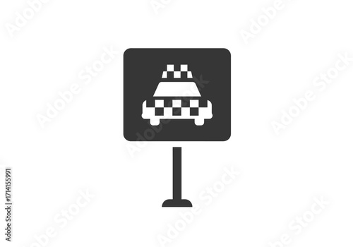 A gray taxi sign displays a white checkered taxi It is centered against a white background