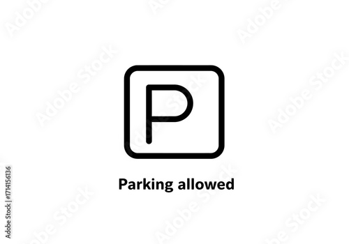 A parking sign featuring a P inside a rounded square with text Parking allowed underneath