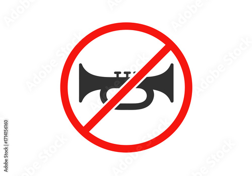 A prohibition sign featuring a trumpet crossed out by a red diagonal line surrounded by a red circle on white