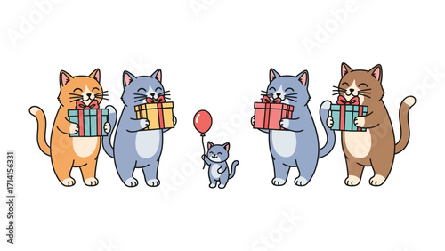 Whimsical Feline Gathering: An endearing illustration captures a heartwarming scene of various charming cats. Each cat proudly presents a beautifully wrapped gift, while a smaller.