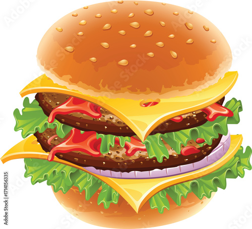 Hamburger with cheese lettuce and tomato on white background