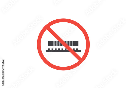 A red circle with a diagonal line through it a no symbol is placed over a stylized train or rail transport icon