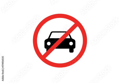 A red prohibition sign with a black car icon