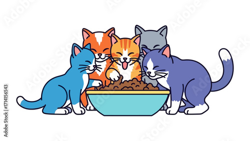 Feline Feast: A gathering of adorable kittens around a bowl, with vibrant colors and playful poses, evokes a sense of joy and the bond of camaraderie.