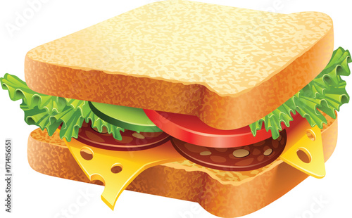 Ham and cheese sandwich on white background