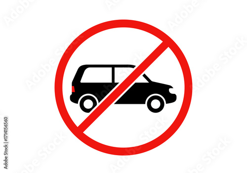 A red prohibition sign with a black silhouette of a minivan inside