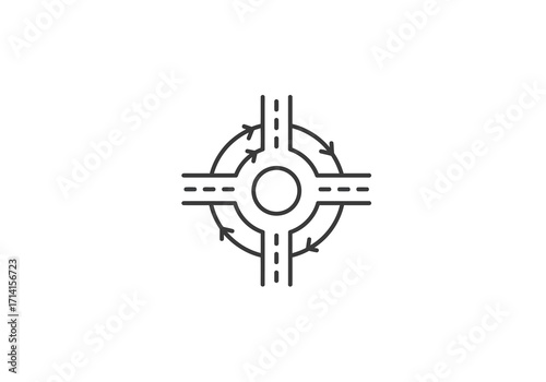A roundabout intersection of roads with traffic flow indicated by arrows