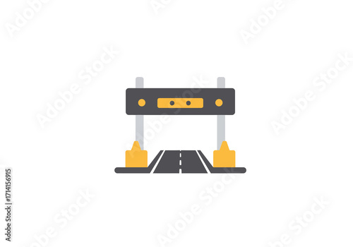 A stylized toll booth with a gray road central stripe and overhead panel with yellow accents