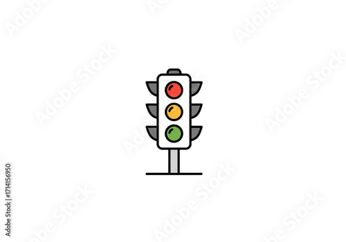 A traffic light stands with red yellow and green lights displayed mounted on a post with a horizontal base