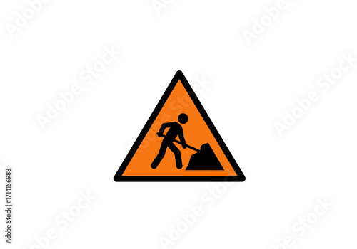 A warning sign shows a person digging with a shovel inside an orange triangle with a black border