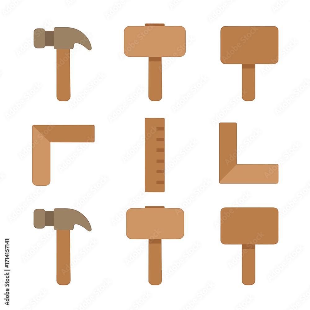 Abstract tool icon set on blurred background: hammer, mallet, ruler, and square