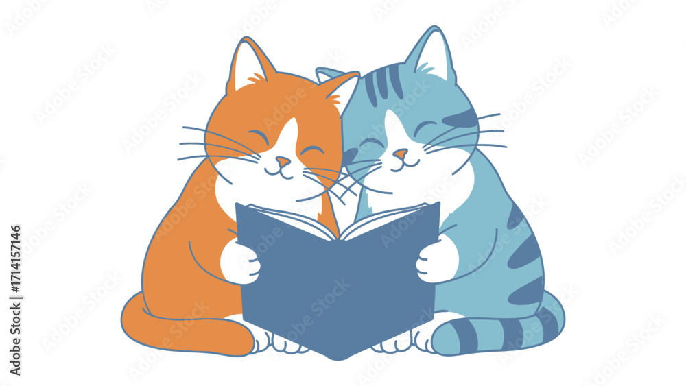 Fototapeta premium Reading Companions: Two adorable feline friends, a ginger and a blue tabby, share a moment of quiet contemplation while engrossed in a book, embodying the simple joys of companionship.