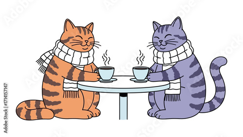 Cozy Cat Cafe: Two adorable cartoon cats, snug in scarves, share a heartwarming moment, sipping from warm mugs at a minimalist table, with steam rising—a scene of pure domestic bliss.