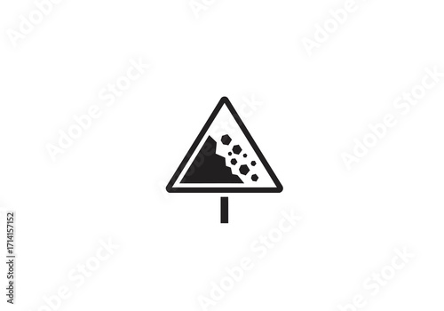 Black and white warning sign showing rocks falling from a mountain