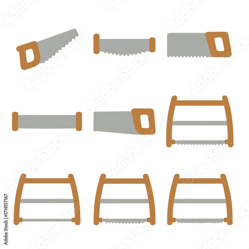Diverse hand saws collection with orange handles on blurred background