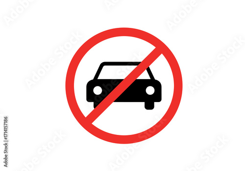 Black car silhouette inside red prohibition circle No vehicle symbol