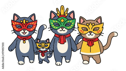 Festive Feline Family: A whimsical illustration showcases a charming family of cats adorned with vibrant carnival masks and scarves, embodying the joyous spirit of celebration.