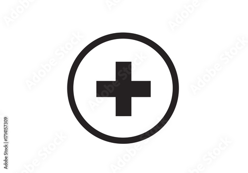 Black plus sign centered inside a black circle on a white background