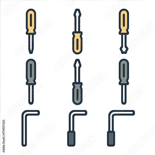 Outline icons of various screwdriver tools on dark background