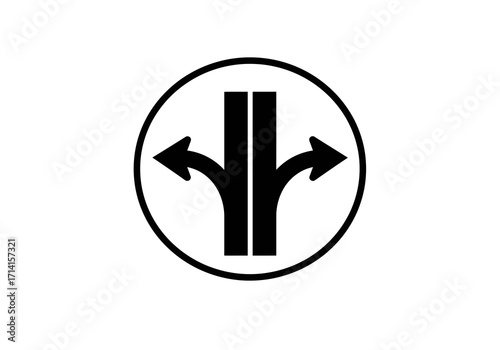 Black road fork direction icon inside a circle on a white background