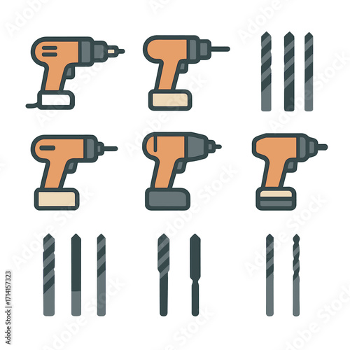 Flat cordless drill set with various drill bits on gradient background