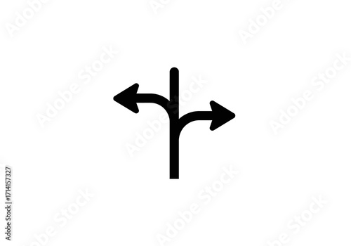 Black road sign with arrow pointing left right and forward on a white background