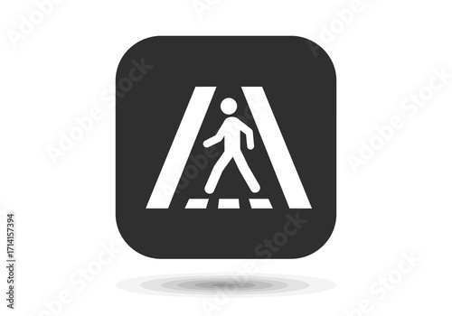 Black square icon with a white pedestrian crossing symbol including a stylized walking figure