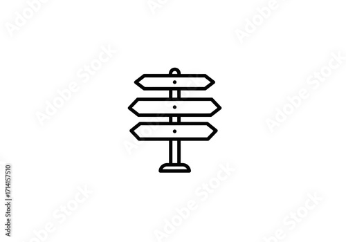 Blackandwhite signpost icon with 3 arrow signs on a pole with a base