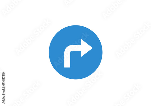 Blue circle shows white arrow turning right on a white background