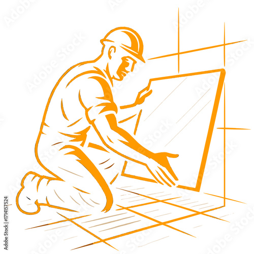 Neon glow worker installing tile in construction site