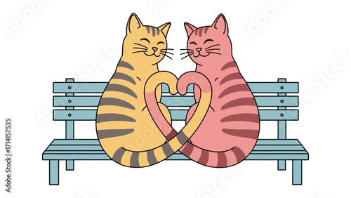 A purrfect union: Two endearing cartoon cats express their bond of love on a park bench, their tails intertwining into a heart shape, symbolizing their close relationship. 