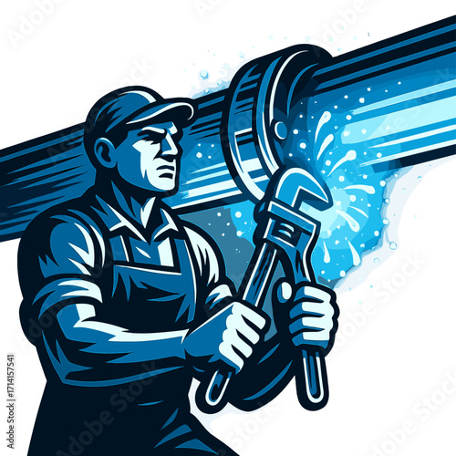Dynamic retro style plumber fixing pipe with wrench and sparks