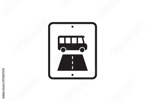 Bus route sign black bus icon on white above road
