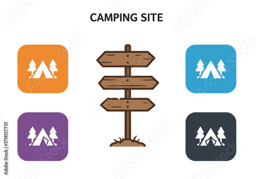 Illustration of a camping site sign with directional arrows