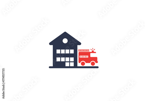 Icon of a fire station with a firetruck stylized in red and blue
