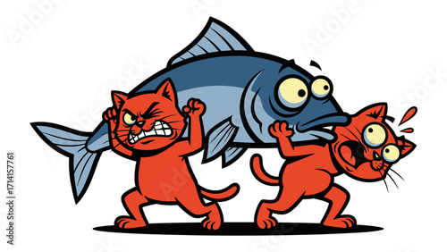 Feline Fishy Frenzy: Two animated cats engage in a comically chaotic struggle to haul a giant fish. The illustration captures the humor of the moment, with exaggerated expressions and lively poses.