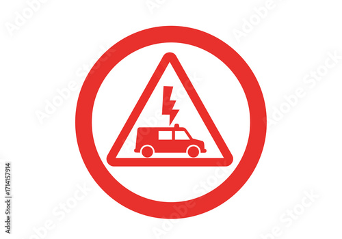 Red round traffic sign with a triangle inside ambulance and lightning bolt symbol inside the triangle