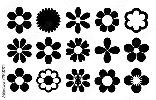Collection of Black and White Flower Icons and Silhouettes