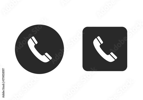 Two icons one round one square each featuring a white phone receiver on a gray background
