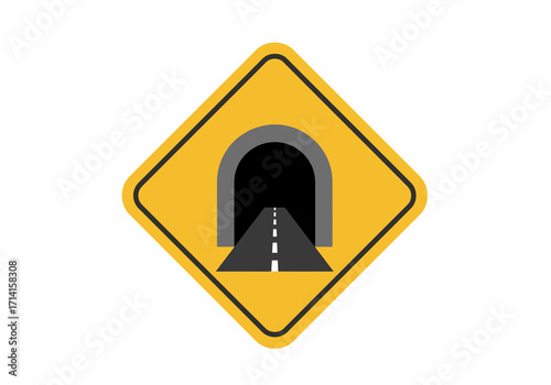 Yellow road sign showing a tunnel with a road leading into it