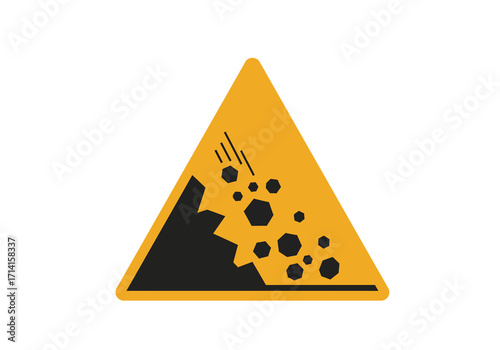 Yellow triangle warning sign showing falling rocks from mountain cliff