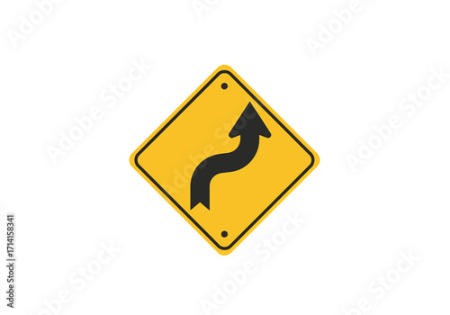 Yellow road sign with a winding arrow pointing upwards to the right
