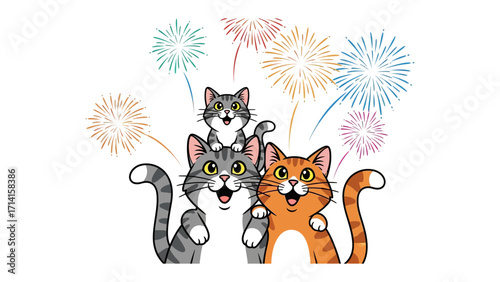 Celebratory Felines: Three cheerful cartoon cats watch colorful fireworks explode in the night sky, a playful and vibrant illustration of joy and celebration.