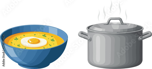 Hot soup bowl with egg, cooking pot with steam, delicious homemade food illustration, kitchen meal preparation, healthy diet vector art