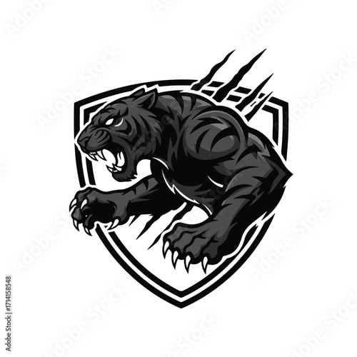 A fierce black panther mascot with sharp claws and bared teeth roaring aggressively while emerging from a shield emblem.
