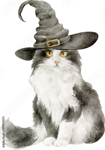 Hand-drawn watercolor cat with yellow eyes and a witch hat. Great for Halloween designs, magical branding, spooky illustrations and pet-themed art.