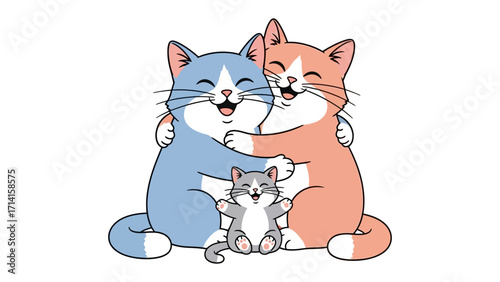 Harmony of Hearts: Two affectionate felines embrace while a tiny kitten beams with delight in a photorealistic scene, revealing the true essence of familial love.