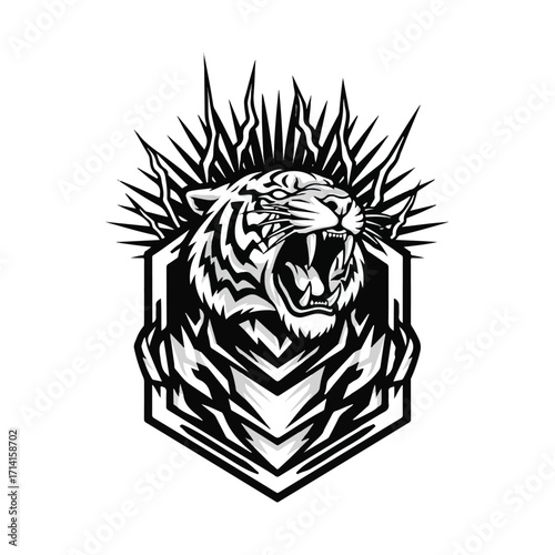 A fierce tiger's head with bared teeth, emerging from a geometric shield with sharp, radiating lines behind it.